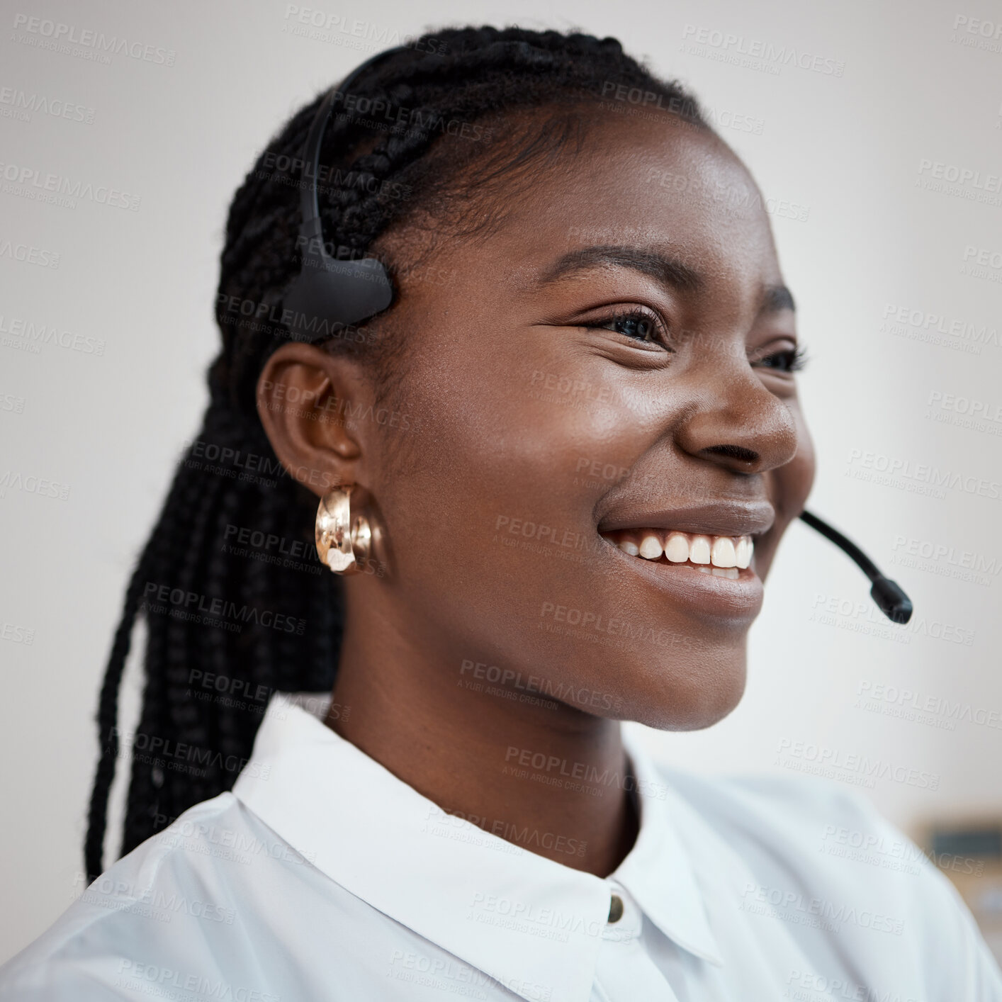 Buy stock photo Black woman, headset and telemarketing operator in office, call centre agent and customer service. Female person, smile and consulting professional in workplace, helping client and support care