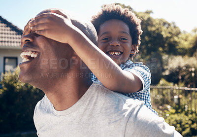 Buy stock photo Piggyback, backyard and dad with child for playing, relax and bonding together on weekend. Family, eyes closed and happy African father with son on grass for playful relationship, childhood and fun