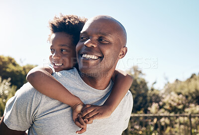 Buy stock photo Piggy back, park and dad with child for playing, fun and bonding together on weekend. Family, happy and African father with son in nature for playful relationship, childhood and relax outdoors