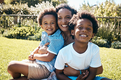 Buy stock photo Black family, portrait and smile on grass for travel, summer vacation and relax with hug. Mother, children and happy in nature park with love, relationship development or peace on holiday in Kenya