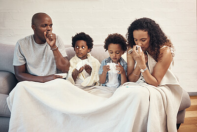 Buy stock photo Family, tissues and sick on sofa with allergies, flu symptoms or contagious disease in home. African parents, children or relax in lounge with illness, covid 19 or isolation for recovery with blanket