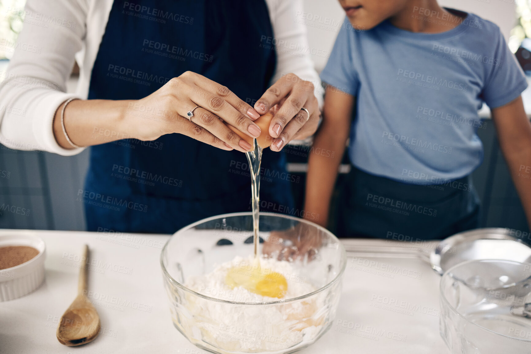 Buy stock photo Woman, child and hands with egg for baking, teaching or relationship development in home. Mother, kid or cake ingredients in kitchen for bonding, family recipe or fun activity with support at counter