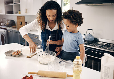 Buy stock photo Kitchen, mother and child with milk for baking, teaching and kid development with breakfast at home. Family, mom and boy with support for learning, mixing flour and ingredients with bonding in house
