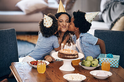 Buy stock photo Cake, kiss and children with mother at birthday in home for party, event or gathering together for bonding. Love, connection and boy kids with mom for celebration with hats, gifts and dessert.