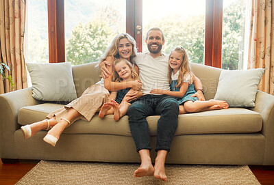 Buy stock photo Love, parents and children with portrait on sofa for relax, hugging and bonding together with protection. Happy people, support and security in home with relationship, insurance and care in lounge