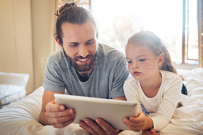 Buy stock photo Bedroom, education or tablet with father and daughter in home together for gaming, learning or streaming. App, development or social media with man parent and girl child in apartment for bonding