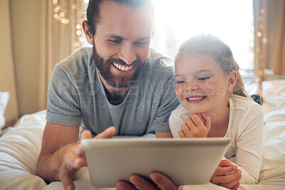 Buy stock photo Bedroom, development or tablet with father and daughter in home together for gaming, learning or streaming. App, education or social media with man parent and girl child in apartment for bonding