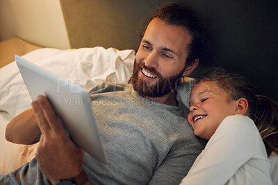 Buy stock photo Bedroom, education or tablet with dad and daughter in home together for gaming, learning or streaming. App, development or social media with happy man parent and girl child in apartment for bonding