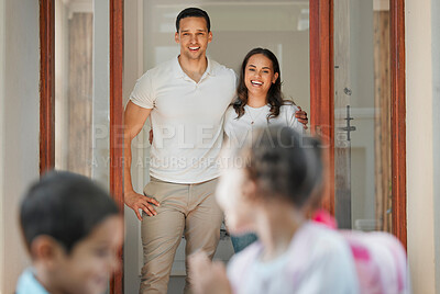 Buy stock photo Happy, parents and children leave of back to school, walking and watching travel for education start. Family, greeting and kids ready for learning, first day and morning routine with support at house