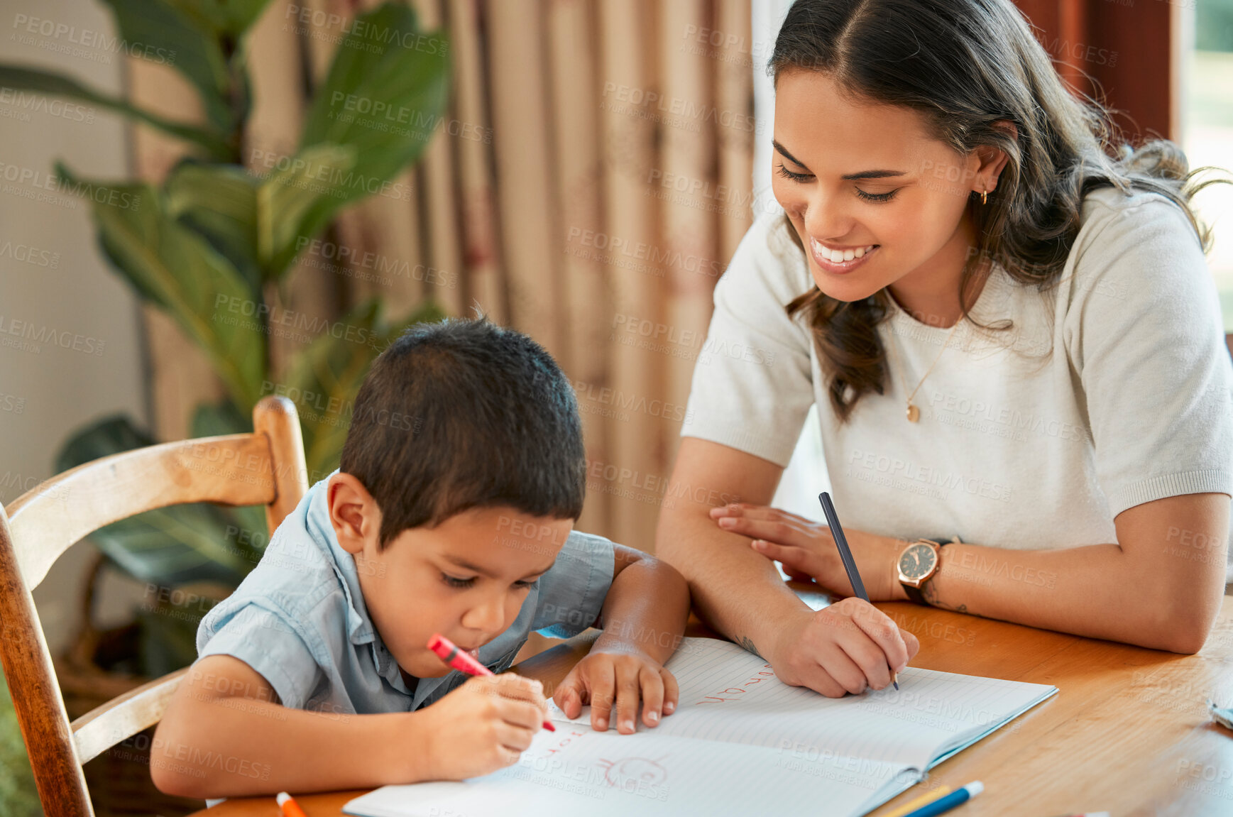 Buy stock photo Happy mom, child or drawing with book for homeschool, learning or education together at home. Mother, kid or helping little boy with homework, project or preschool assignment for teaching or tutoring