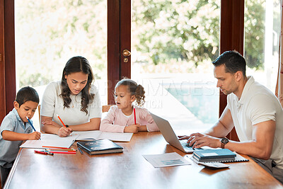 Buy stock photo Education, homework and remote work with family in dining room of home together for child development. Books, laptop or writing with mom, dad and kids in apartment for business, help or school