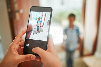 Buy stock photo Hands, person and phone for photography of child, back to school and memory for education start. Parent, mobile and picture for kid on first day, bonding and preparation for learning support at house