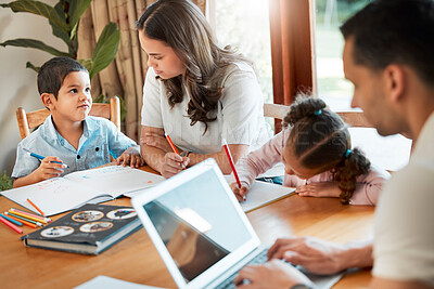 Buy stock photo Education, laptop and remote work with family in dining room of home together for child development. Books, homework or writing with mom, dad and kids in apartment for business, help or school