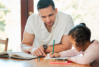 Buy stock photo Dad, child or writing with book for learning, education or homeschooling lesson on table. Father, kid or helping little girl with homework, project or preschool assignment for teaching or tutoring