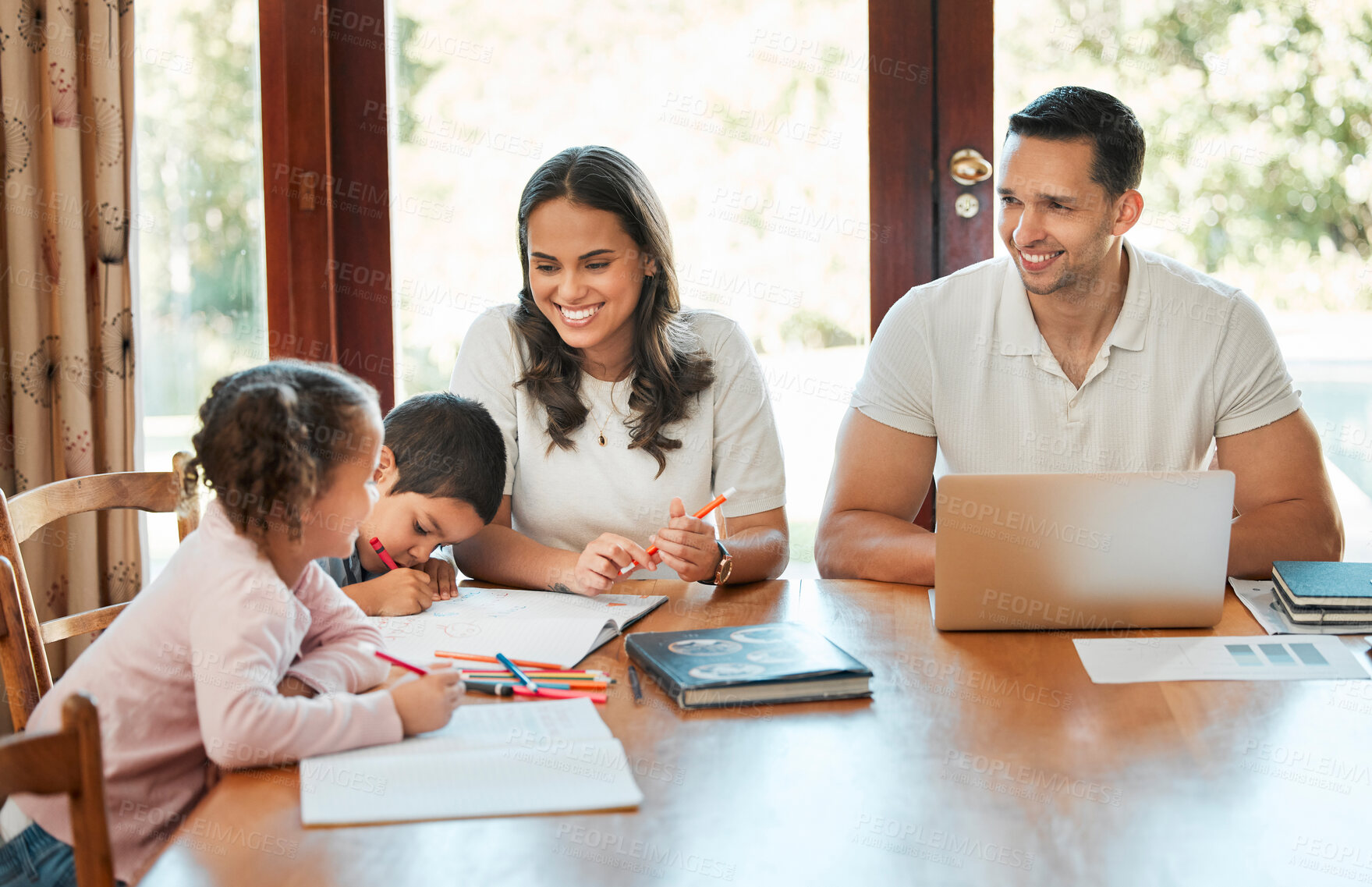 Buy stock photo Education, love and remote work with family in dining room of home together for child development. Books, laptop or writing with happy mom, dad and kids in apartment for business, help or school