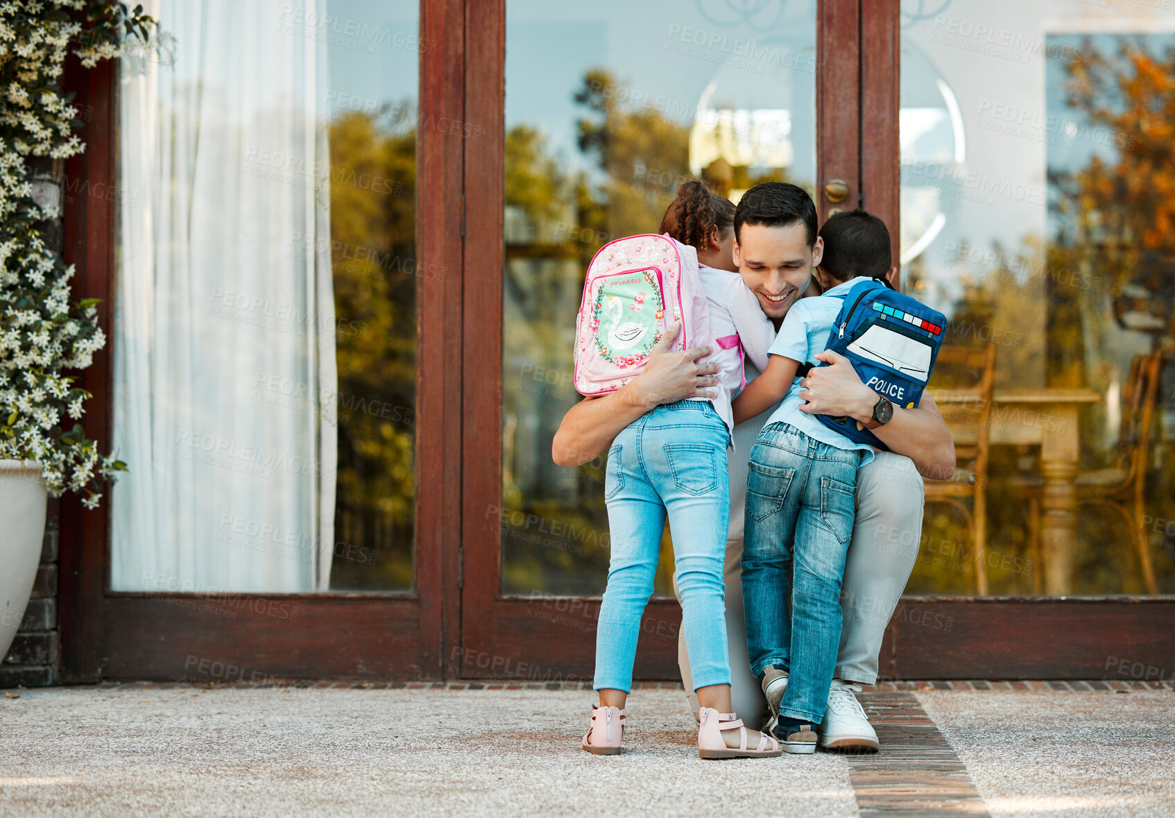 Buy stock photo School backpack, father and hug kids for love, care or welcome home with family support. Students, dad and embrace children for education, learning or greeting for return together with happy parent