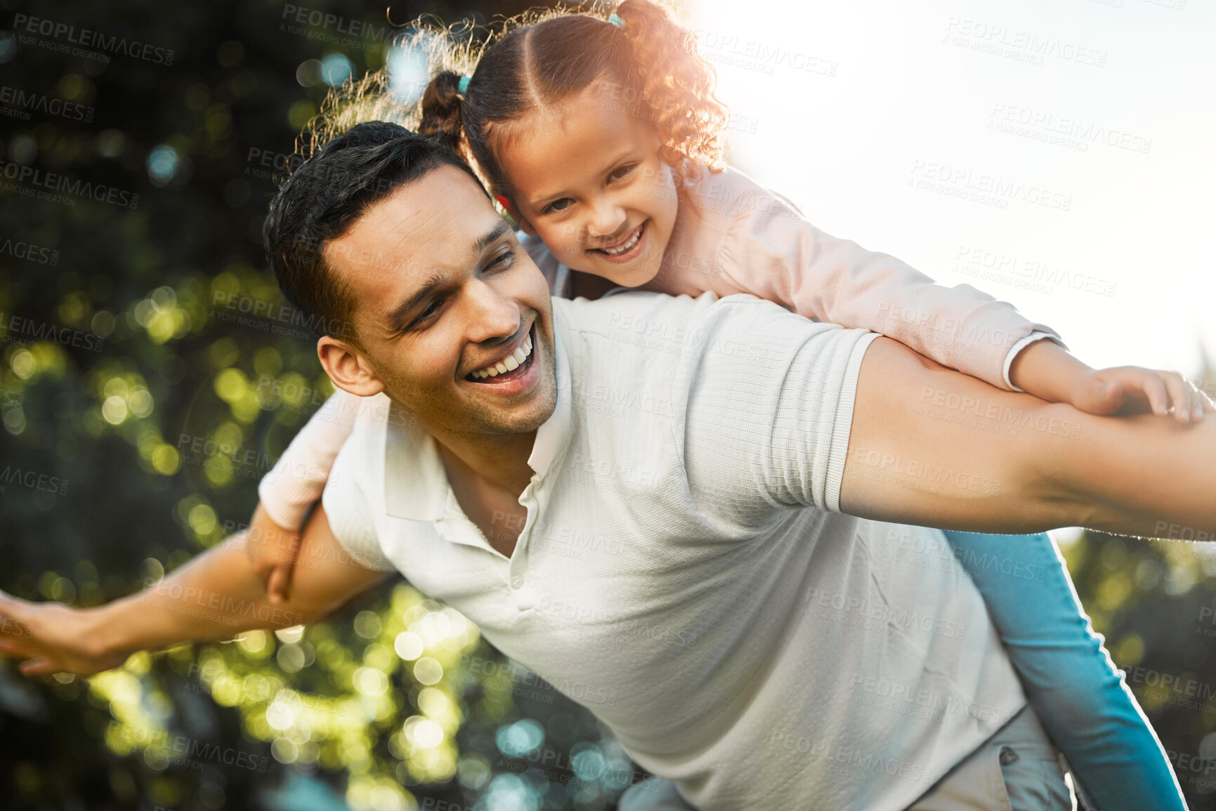 Buy stock photo Flying, happy girl or piggyback in park with dad, love and smile in garden for playing together on holiday. Single parent, games or father in nature with child, care or daughter on outdoor vacation