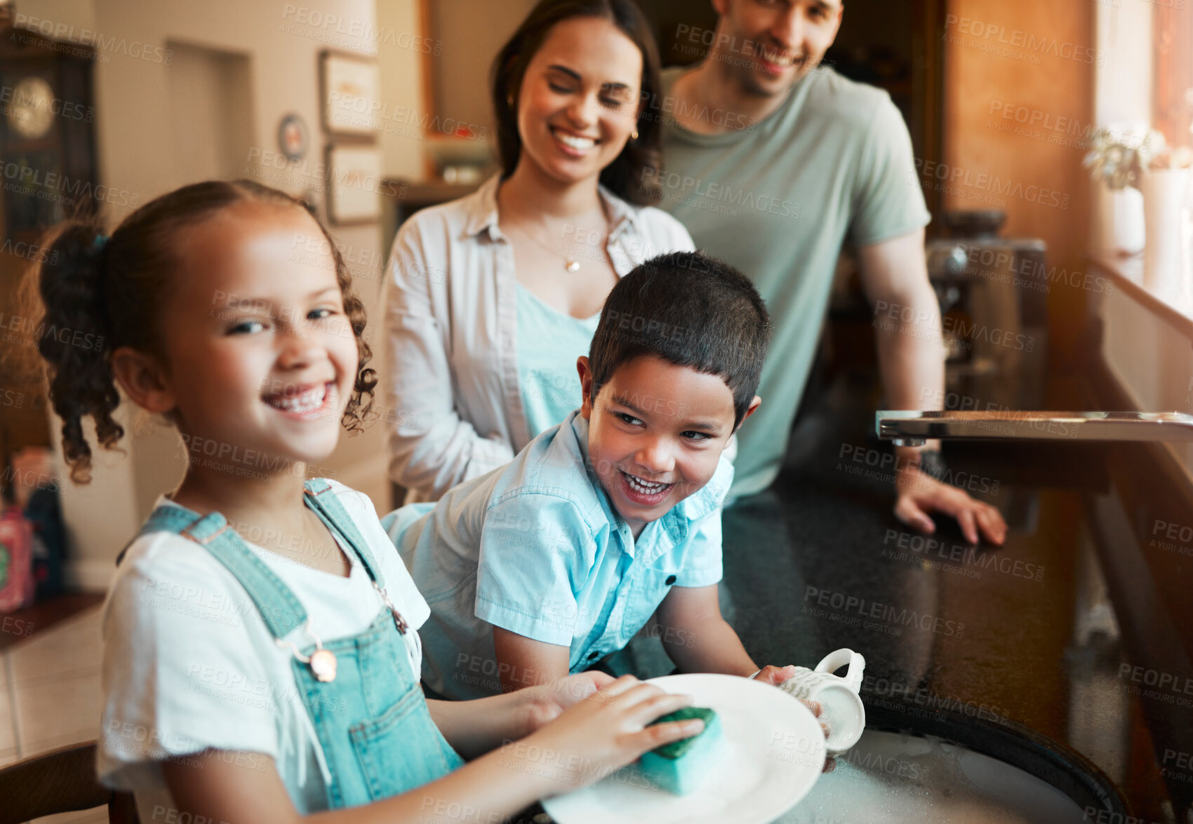 Buy stock photo Kitchen, children and washing dishes with parents, happy and teaching responsibility to kids and hygiene. Home, family and learning chores with woman, growth and development of siblings with man