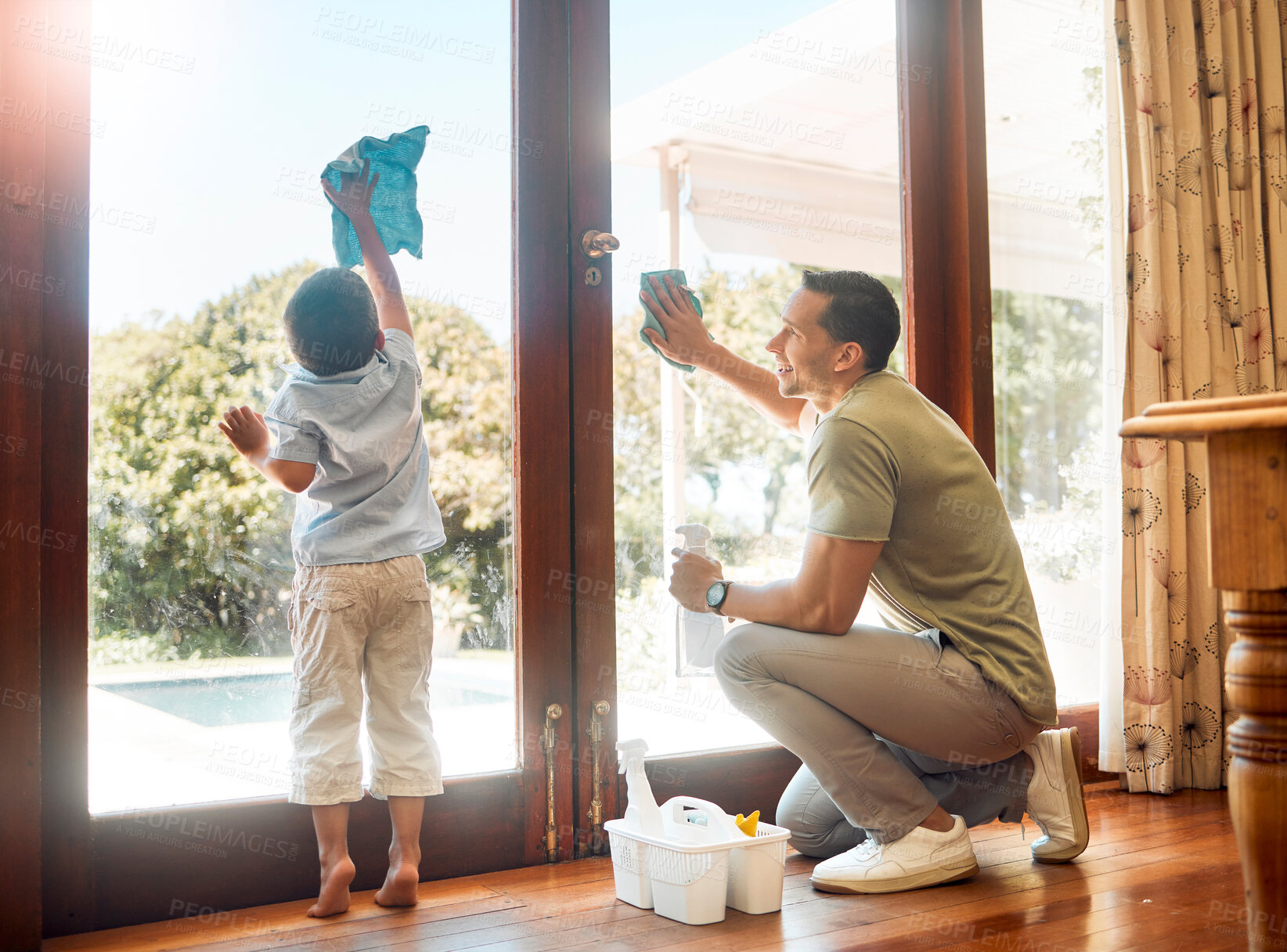 Buy stock photo Home, father and kid with cleaning windows for household chores, helping hand or teaching responsibility. People, happy or housework tasks for teamwork, dirt removal and learning routine with support