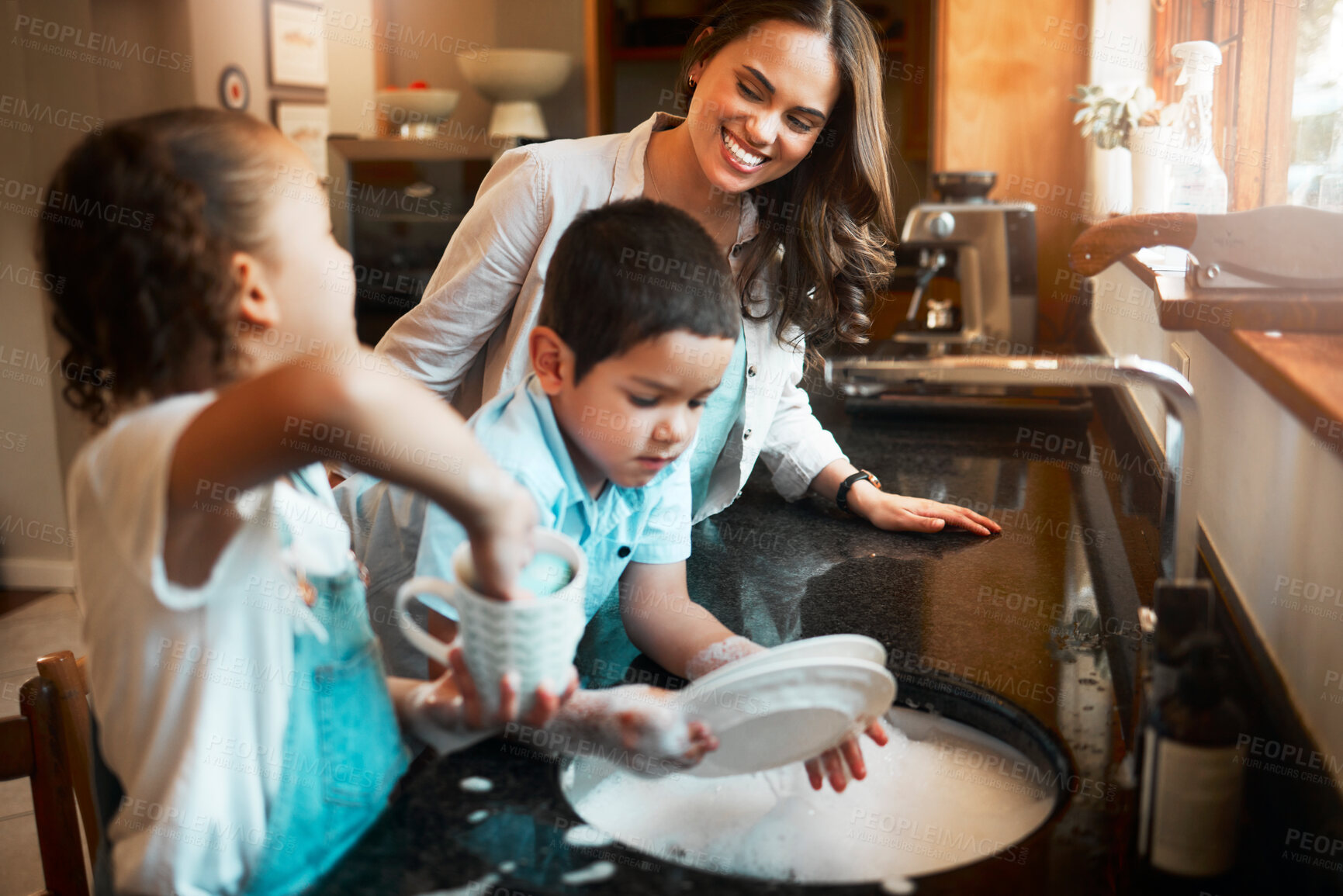 Buy stock photo Kitchen, mom and washing dishes with children, smile and teaching responsibility to kids and hygiene. Home, happy and learning chores with mother, growth and development of youth or woman with family