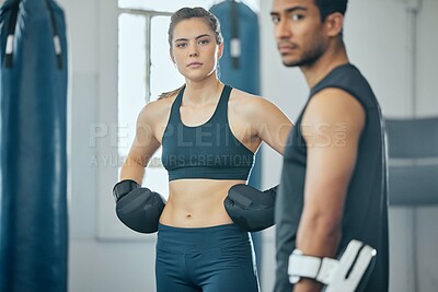 Buy stock photo Boxing gym, combat sport and woman training for fight, exercise and workout challenge in fitness club. Portrait of strong athlete and powerful sport people with personal trainer, coach and kick boxer