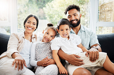 Buy stock photo Love, parents and children with portrait on sofa for relax, bonding together and security in home. Trust, happy people and smile in lounge with support, protection and relationship with connection