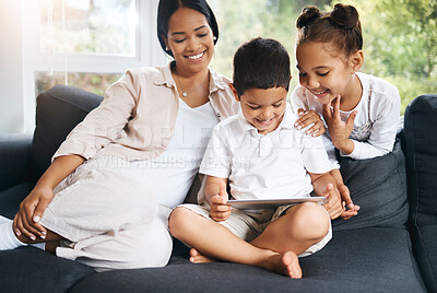 Buy stock photo Children, mother and tablet for movies in home, playing online and watching cartoons in lounge. Kids, family connection and relax together on couch, happiness and love for internet entertainment