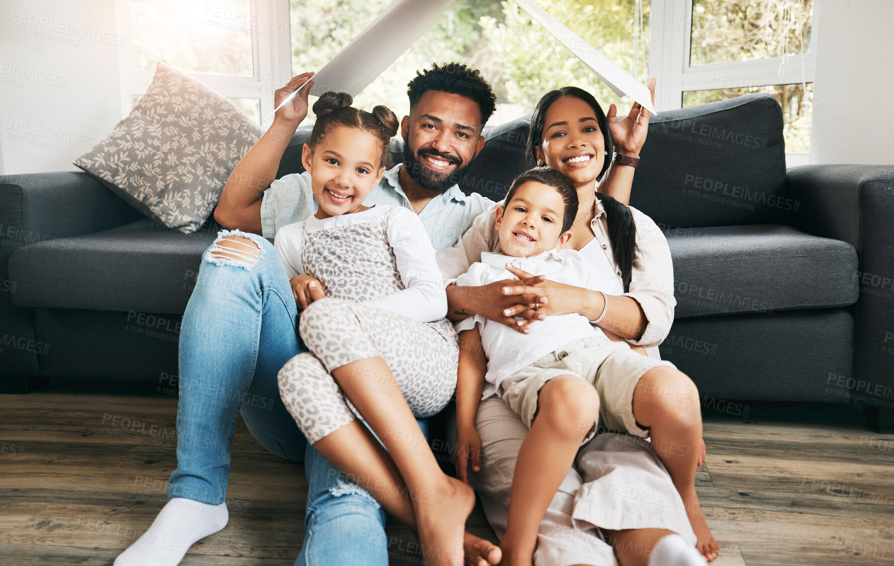 Buy stock photo Portrait, house insurance or happy family with cardboard roof for security protection or property investment. Kids, parents or siblings with shelter cover for mortgage loan, support or future care