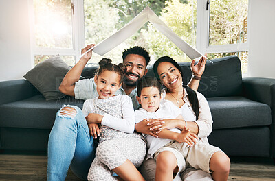 Buy stock photo Portrait, home insurance or happy family with cardboard roof for security protection or property investment. Kids, parents or siblings with shelter cover for mortgage loan, support or future care