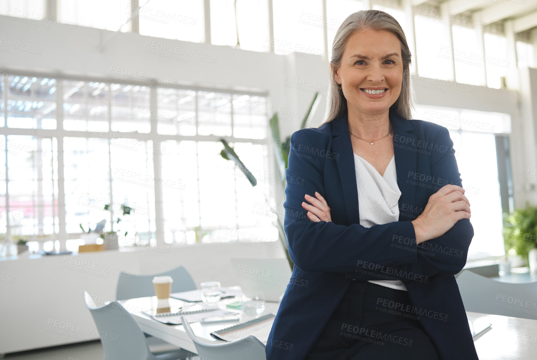 Buy stock photo Office, mature businesswoman and portrait with arms crossed for corporate career, meeting and smile. Workplace, female person and happy ceo with confidence for occupation, professional job and pride