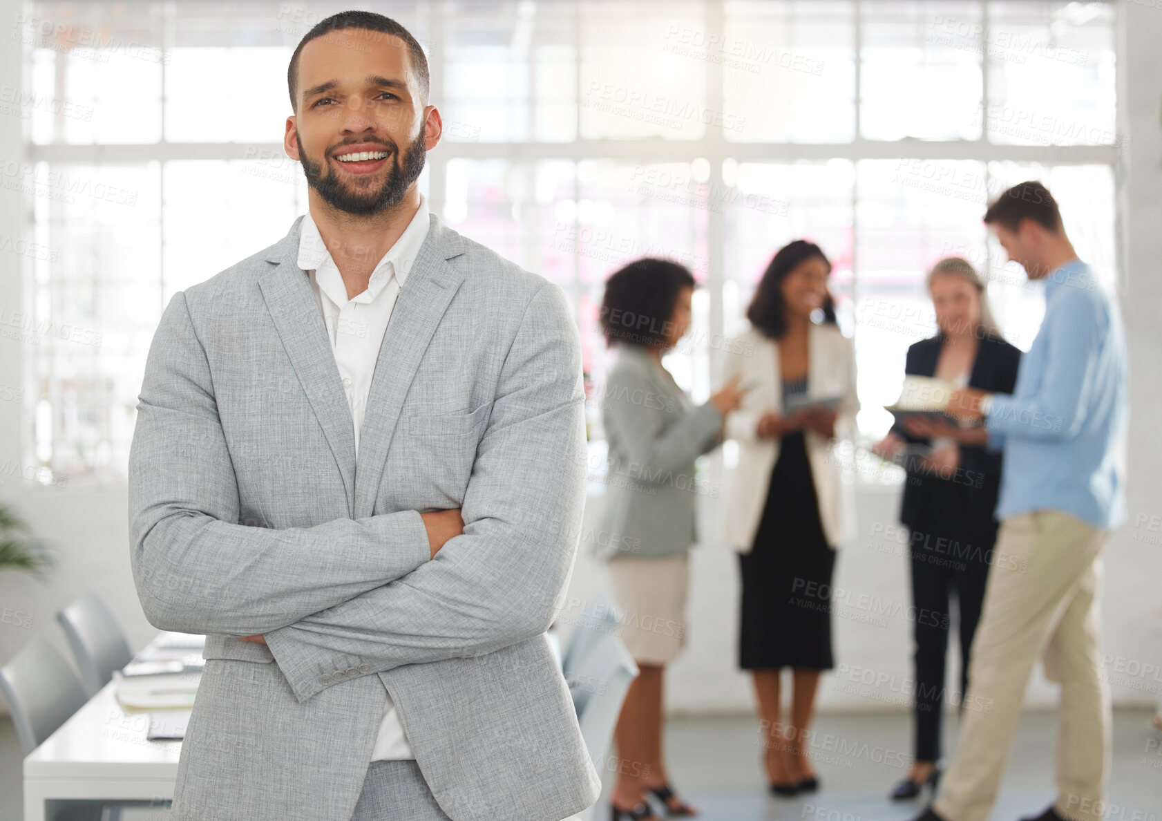 Buy stock photo Man, arms crossed and finance manager in workplace, professional and director of accounting. Male person, portrait and confidence for stock exchange, business leadership and expert in development