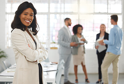 Buy stock photo Woman, arms crossed and financial leadership in workplace, proud professional and director of accounting. Female person, portrait and confidence for stock exchange, manager and expert in investment