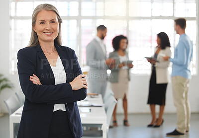 Buy stock photo Mature woman, arms crossed and finance manager in office, professional and director of accounting. Female person, portrait and confidence for stock exchange, leadership and expert in development