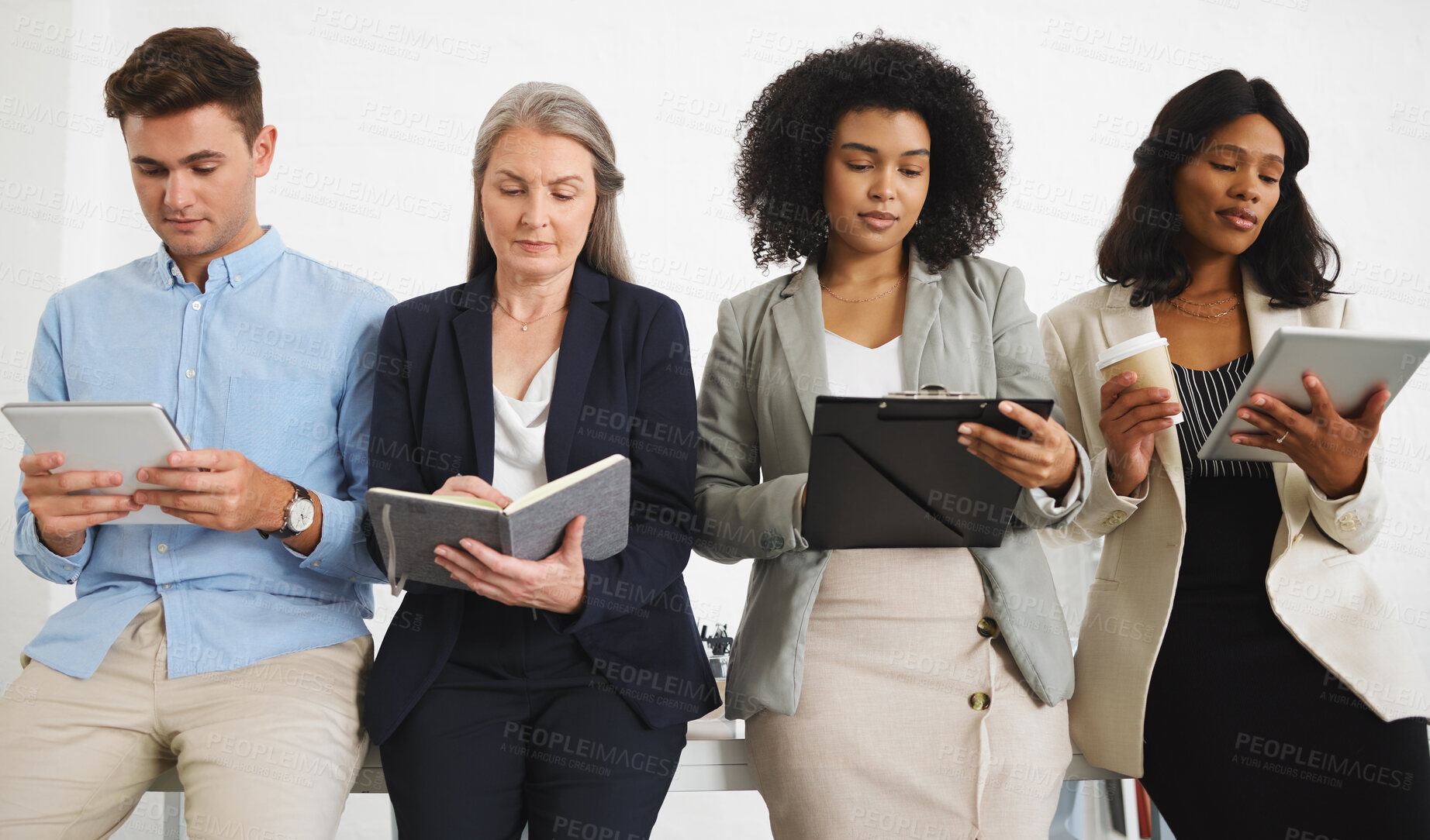 Buy stock photo Technology, waiting or business people with tablet or notes for writing in notebooks at studio. White background, professional or corporate applicants with work diversity or diary for job interview