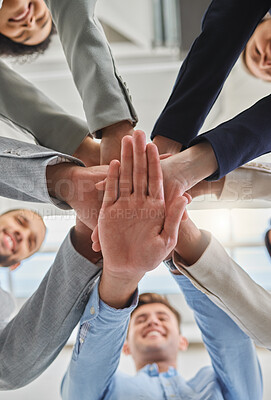 Buy stock photo Business people, hands and low angle circle in office, team building and support in partnership. Employees, cooperation and trust in workplace meeting, stack and huddle together for collaboration