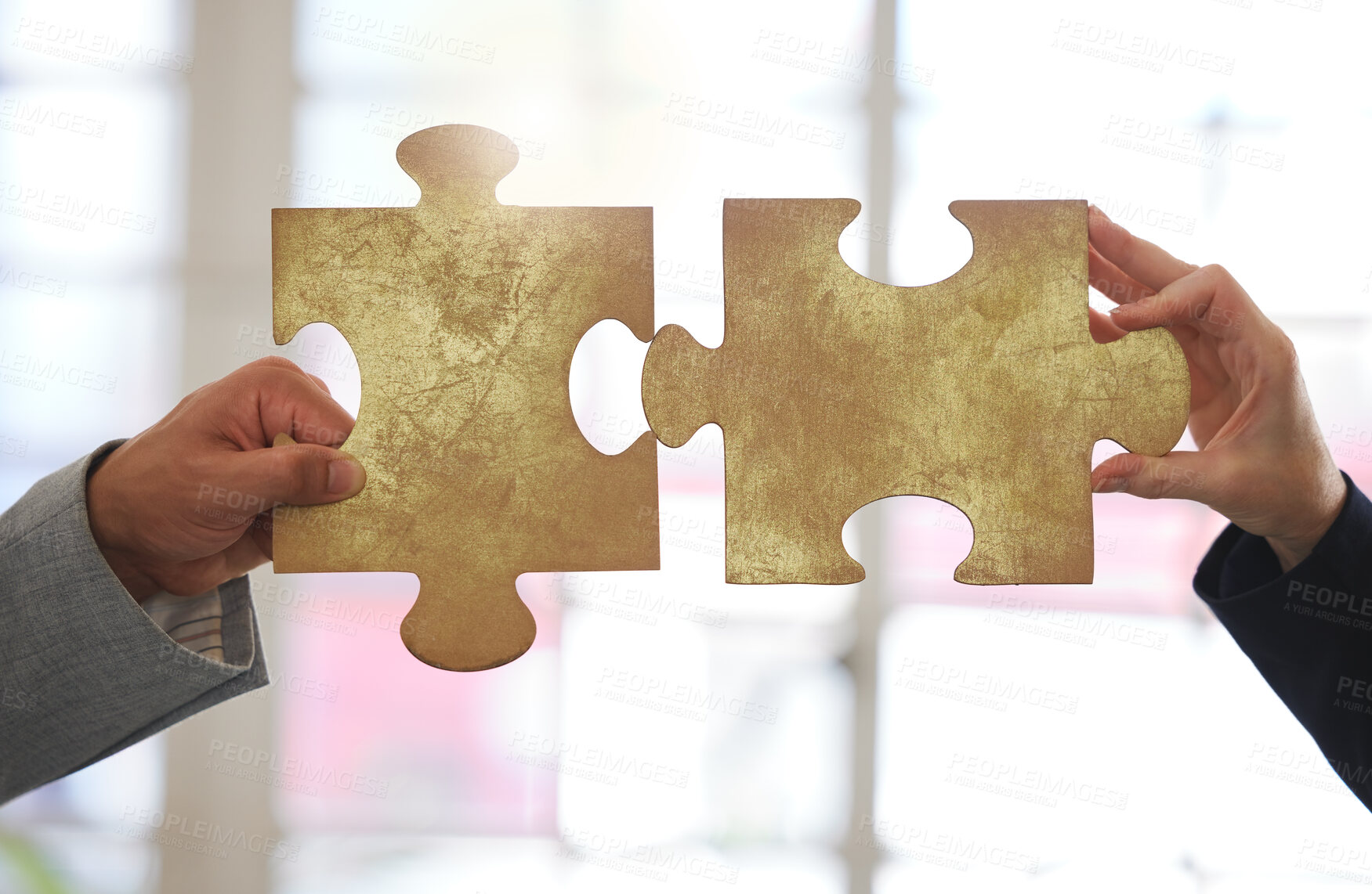 Buy stock photo Teamwork, business people and hands with puzzle for solution, support and cooperation for attorneys in office. Collaboration, lawyers and decision with jigsaw for solidarity, ideas or problem solving