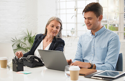 Buy stock photo Business, man and mentor on laptop in meeting for planning budget, accounting research and proposal feedback. People, digital app and website for communication, finance report and project information