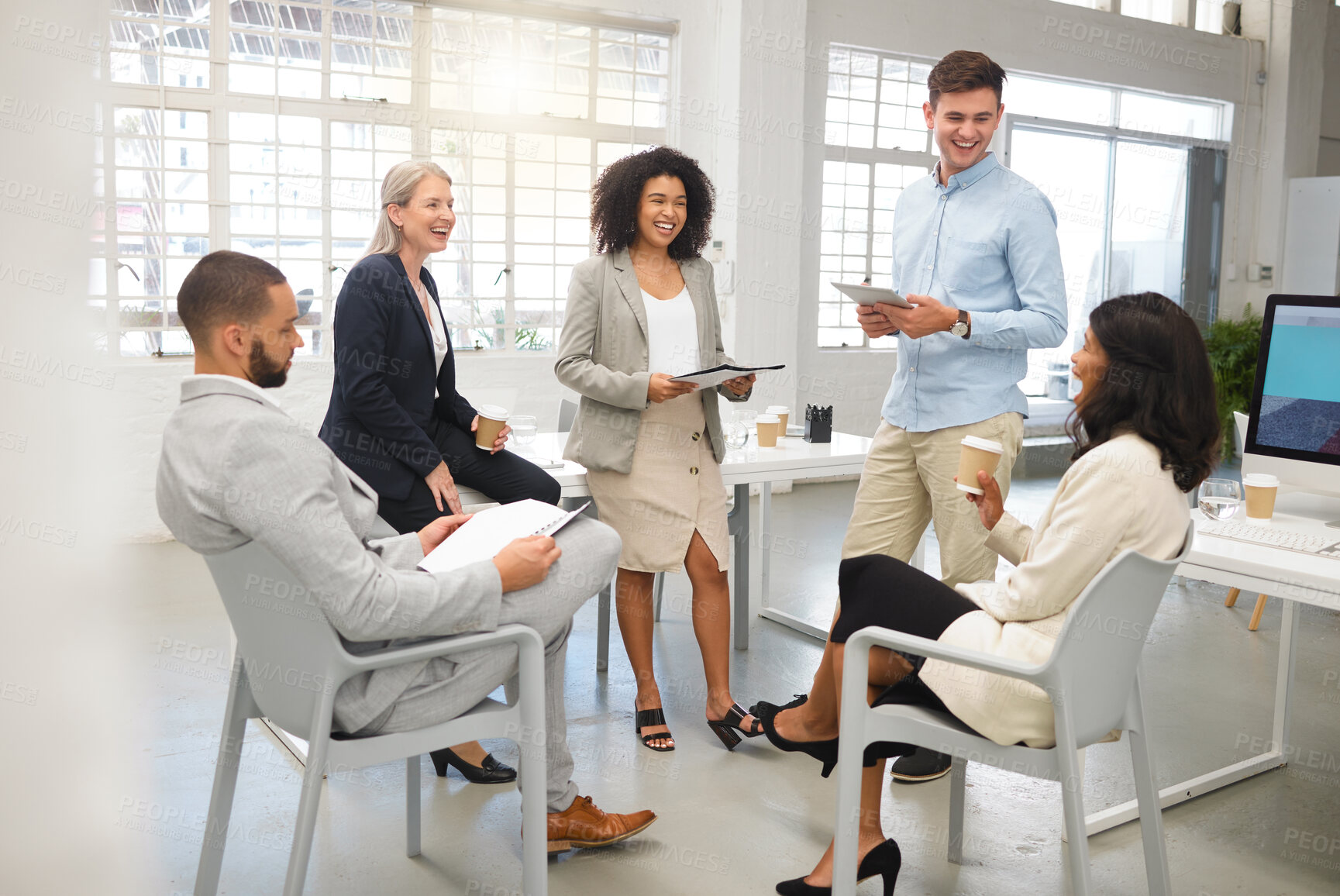 Buy stock photo Business people, presentation and discussion in office meeting for startup, artist or small creative agency. Designer, document and art director happy for project proposal, planning and entrepreneur