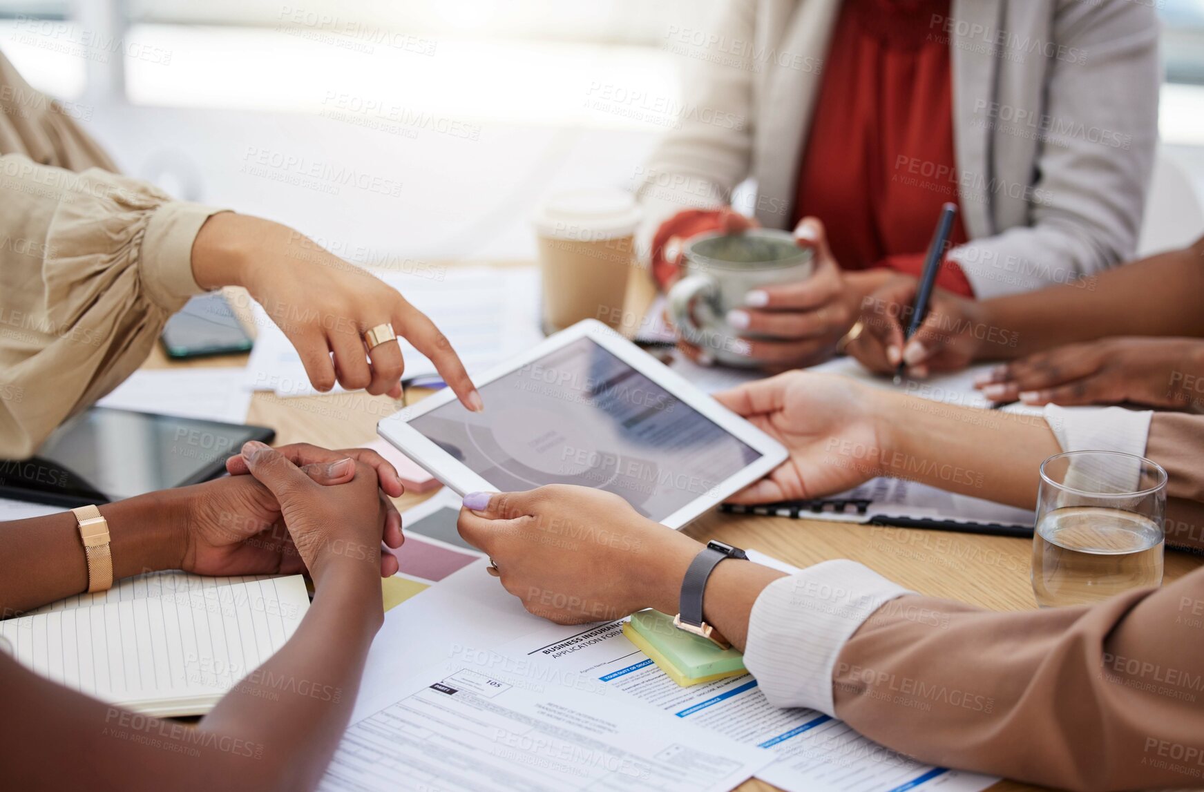 Buy stock photo Women hands, tablet and collaboration of business web analytics strategy and group in a office. Teamwork, solidarity and logistics of female staff in meeting with website statistics and data