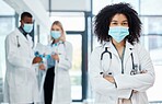 Doctors, medical and covid healthcare worker in a hospital,  doctor office or clinic. Portrait of a woman health consultant with a mask ready for a patient consultation, surgery or consulting help