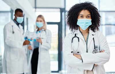 Buy stock photo Doctors, medical and covid healthcare worker in a hospital,  doctor office or clinic. Portrait of a woman health consultant with a mask ready for a patient consultation, surgery or consulting help