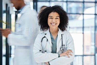 Buy stock photo Woman, doctor and contact us for a healthcare medical test, insurance or help for professional services. Happy, smile and woman in a busy emergency hospital office offering expert health treatment