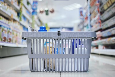 Buy stock photo Supermarket, grocery and store basket on floor with food product, healthcare goods and grooming wellness shopping. Zoom on retail sales groceries in inflation economy after commerce financial budget