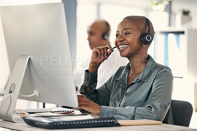 Buy stock photo Customer service, woman call center agent with headset and computer at her desk of a modern workplace office. Telemarketing or online communication, consultant and African female person for support