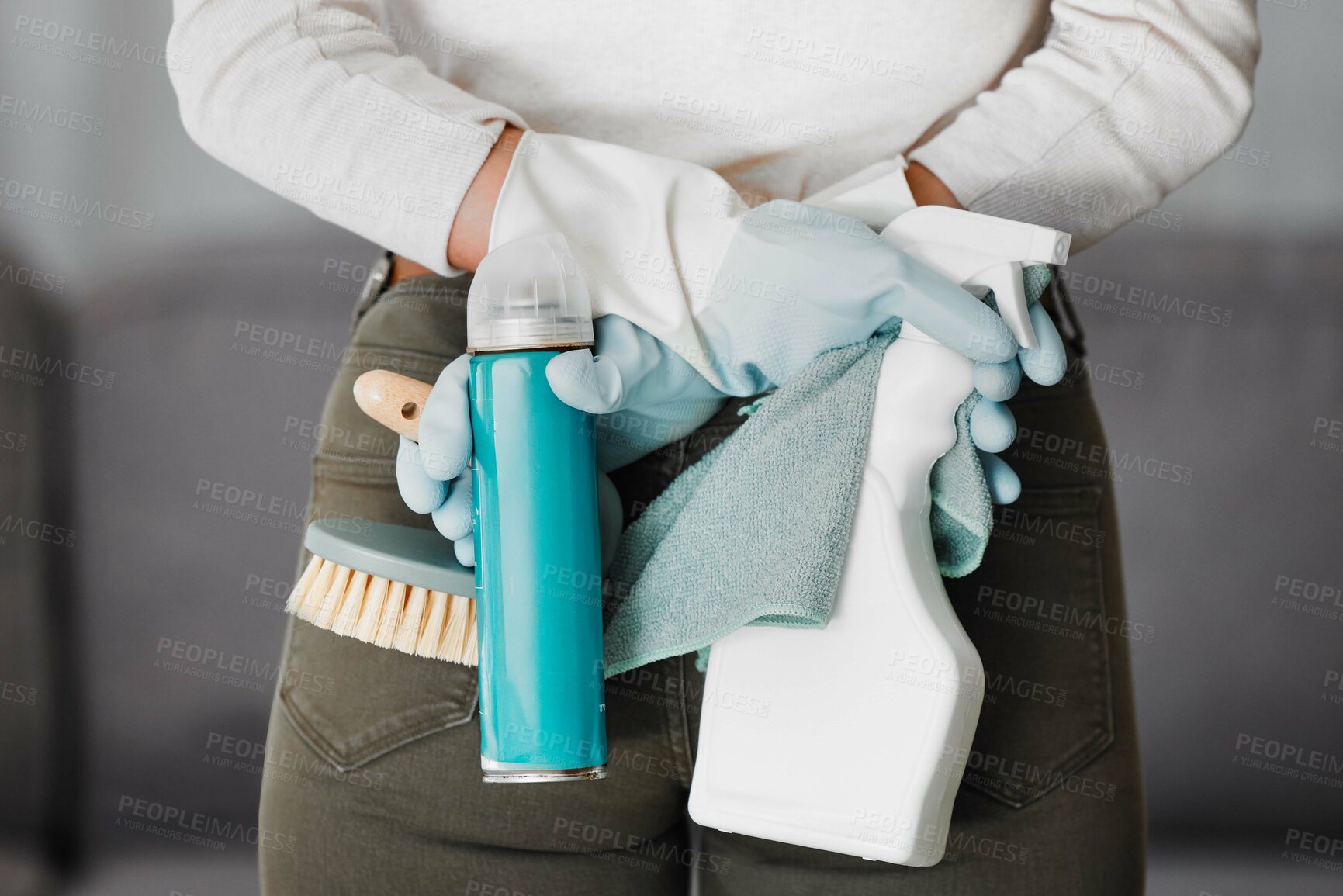 Buy stock photo Hands, cleaning and disinfectant with a woman in her home to clean, service or for housekeeping. Work, dirt and care with a female janitor washing her house for hygiene, sanitary or fresh household