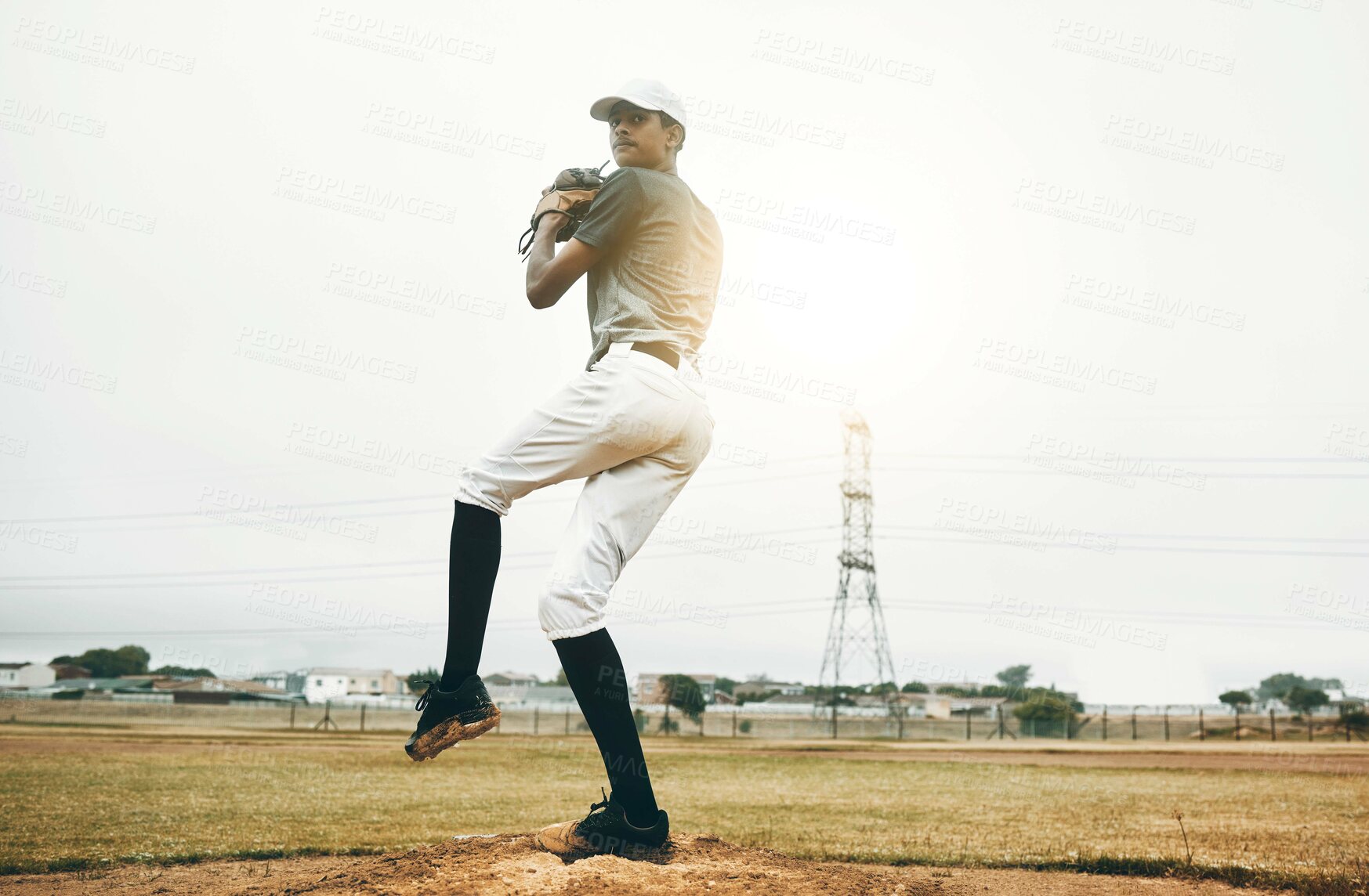 Buy stock photo Baseball player, pitch and sports athlete man outdoor on a field with focus and fitness. Game training, exercise and team workout of a strong person playing baseball ready for cardio and exercising