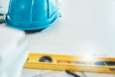 Buy stock photo Architecture, blueprint and plan, construction and helmet, engineering design and drawing with level closeup. Construction site, building industry and renovation paperwork, planning and 2d sketch.