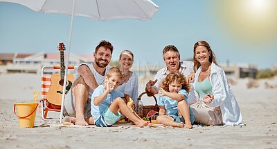 Buy stock photo Beach, portrait and happy big family on vacation, adventure or trip together for summer in Australia. Grandparents, parents and children on seaside holiday for travel, happiness and bonding by ocean.