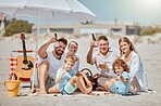 Love, family and beach for vacation, relax and spend quality time on sand, bonding and loving together. Grandparents, mother and father with children, seaside and travelling for holiday and happy.