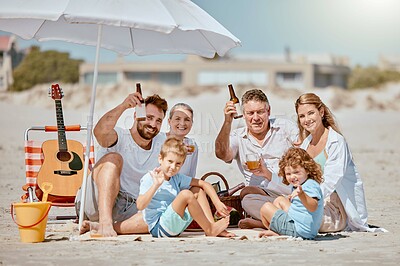 Buy stock photo Love, family and beach for vacation, relax and spend quality time on sand, bonding or loving together. Grandparents, mother and father cheers with children, seaside or travelling for holiday or drink